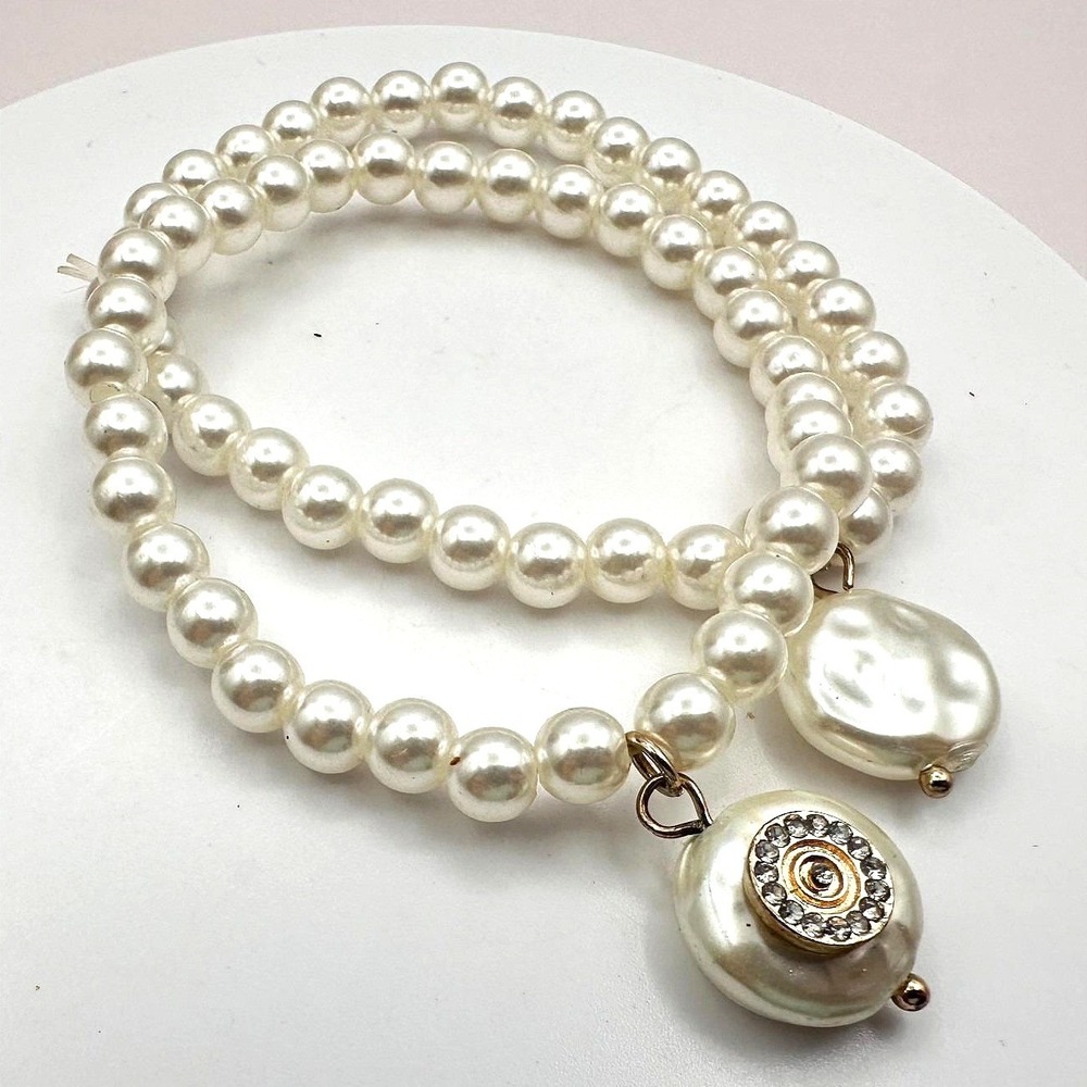Vintage 90s Faux Pearl Bracelets Set Clear‎ Glass Charm Stretch Fashion Jewelry